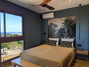 - une chambre avec un lit, un ventilateur de plafond et une fenêtre dans l'établissement La villa Blue Banian, à Saint-Pierre
