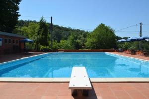 una piscina con un banco frente a ella en Agriturismo Le Case di San Vivaldo, en Montaione