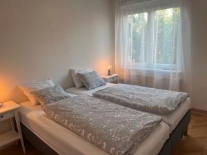 two beds in a room with a window at Litovelské apartmány in Litovel