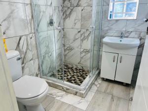 a bathroom with a shower and a toilet and a sink at Ocean Breeze Inn in Livingstone +31 photos