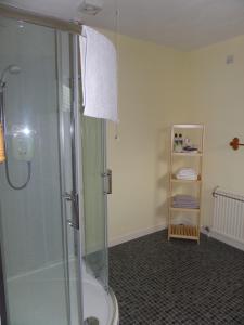 uma casa de banho com um chuveiro e uma cabina de duche em vidro. em Amalfi Bed and Breakfast em Dornoch