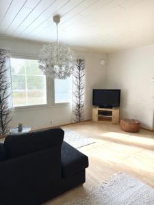 a living room with a couch and a flat screen tv at Polar Night Wooden House with Sauna in Sodankylä