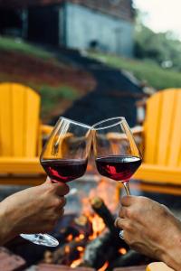 two people holding wine glasses in front of a fire at Luxe Lodge Escape - Hot Tub-Outdoor Movies-Game Room-Fire Pit in Dahlonega