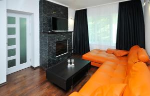 ヴァルナ・シティにあるParchevich Apartmentのリビングルーム(オレンジ色のソファ、暖炉付)