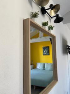 a bedroom with a mirror with a bed in it at Jungle in Gannat