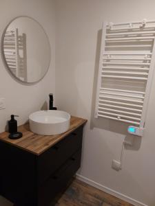 a bathroom with a sink and a mirror at Petite maison à la campagne in Ploudaniel +9 photos