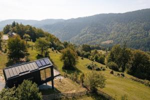 a house on a hill with a view of a valley at Cabana romantica cu cer vizibil din pat - Apuseni Air Luna in Mătişeşti +14 photos