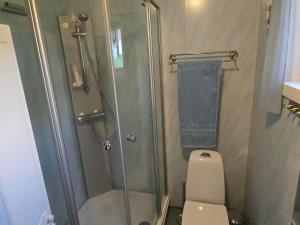 a small bathroom with a shower and a toilet at 6 person holiday home in Osen in Vika +50 photos