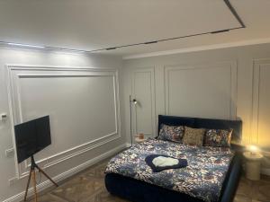 a bedroom with a bed and a flat screen tv at delux studio in Timişoara