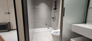 a bathroom with a shower and a toilet at Xuegu Xinfu Guest House in Sanrenban