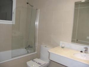 a bathroom with a toilet and a shower and a sink at Apartamentos Plaza España in Nerja