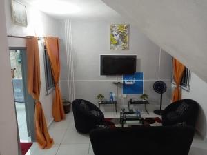a living room with two chairs and a flat screen tv at Iroko Plage San Pédro in San-Pédro