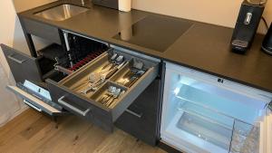 a kitchen with a counter with an open drawer at FALKE Studio in Spiez in Spiez