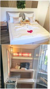 a bedroom with a large bed and a room with a window at Deluxe Ferienwohnung Winterberg mit private Sauna in Winterberg
