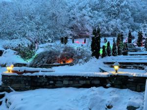 a garden in the snow with lights on at Guest House Robin Hud in Cherni Osŭm +25 photos