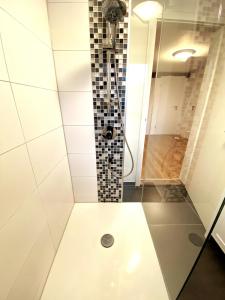a bathroom with a shower with a glass door at Ferienwohnung Marlene 80 Qm in Ebersburg +16 photos