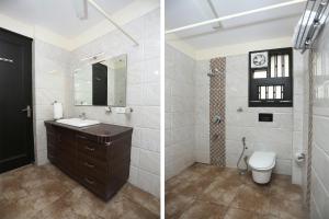two pictures of a bathroom with a sink and a toilet at Hotel O Vagmi Residency - Grand in Gurgaon