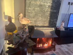 two birds sitting on a table next to a fireplace at Hunter's Cottage in Ban