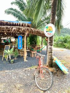 un vélo garé à côté d'un arbre à côté d'une aire de jeux dans l'établissement Olala Cafe and Bungalow, à Ko Lanta