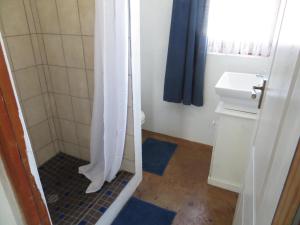 a bathroom with a shower and a sink at Mountain View Cottages in Nieu-Bethesda