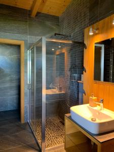 a bathroom with a shower and a sink at Marina Liptov pri Liptovskej Mare in Liptovský Trnovec