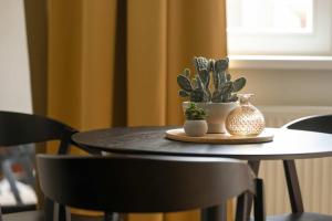 a table with a plant and a vase on it at Bright Poznan Studio near the Zoo and MTP by Noclegi Renters in Sołacz +16 photos