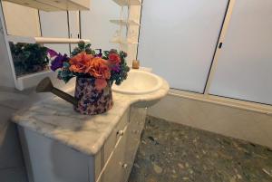 een badkamer met een wastafel en een vaas met bloemen op een aanrecht bij Casa do Sossego in Safara +36 foto's