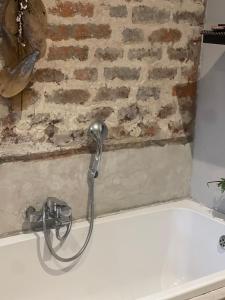 a bath tub with a shower head in front of a brick wall at Sea Haven in Langebaan