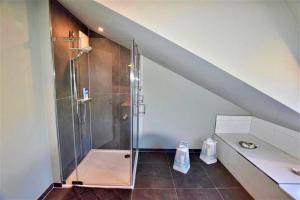 a bathroom with a shower with a glass shower stall at Seesucht-Hohwacht - Grosse Ferienwohnung im Beachhouse-Stil, 2 Balkone, 2 SZ und nur 300m zum Strand in Hohwacht +29 photos