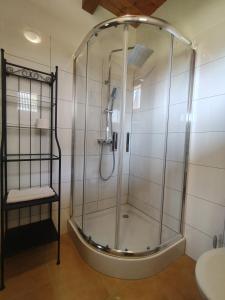 a shower with a glass enclosure in a bathroom at Noclegi Gaja in Święta Katarzyna