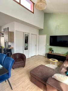 a living room with a couch and a tv at Le Canopée in Villefranche-sur-Saône