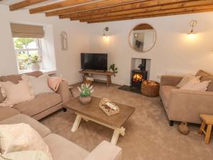 a living room with couches and a tv and a fireplace at Pentwyn in Solva