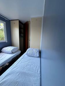 Un dormitorio con dos camas y una ventana. en Salamandre, en Sainte-Croix-du-Verdon