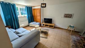 a living room with a couch and a tv at House - comfortable - spacious - 15' from Lille in Leers