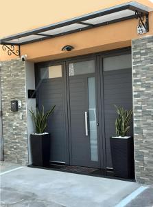 a garage with black doors and two potted plants at Il Vicoletto room in Mercato San Severino
