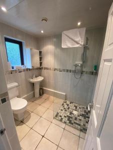 a bathroom with a shower and a toilet and a sink at 3BR House Self Check In Parking By PlushPad in Shenley Lodge