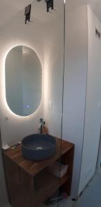 a bathroom with a blue sink and a mirror at Au calme en pays d'Oust et de Brocéliande in Montertelot