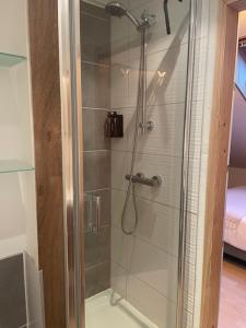 a shower with a glass door in a bathroom at May's Apartments & Restaurant in Obervellach +37 photos