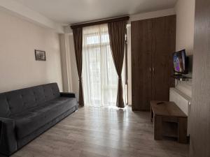 a living room with a couch and a television at Bakuriani, Trialeti Residence in Bakuriani