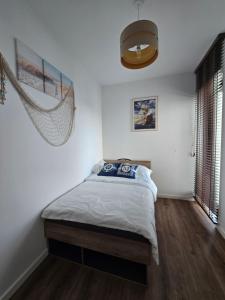 1 dormitorio con 1 cama con una red en la pared en Sol Marina Apartament Marina Blue, en Wiślinka