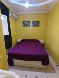 a bedroom with a purple bed in a yellow room at Hotel Roy's in San Juan