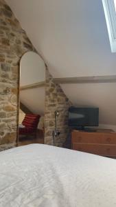 ein Schlafzimmer mit einem Bett, einem Spiegel und einem Fernseher in der Unterkunft Stable Cottages 1&2 beside Canal & Surfing Beaches in Bude