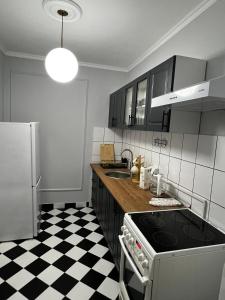 ズレニャニンにあるPetars apartmentの白黒のチェック柄の床のキッチン
