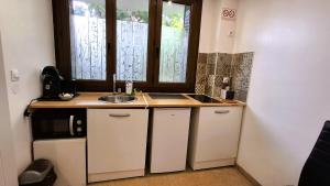 a small kitchen with a sink and a window at Studio indépendant et bien équipé avec véranda commune in Neuilly-sur-Marne