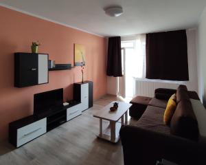 Una sala de estar con un sofá y un televisor. en Zoldrebi apartment, en Turda