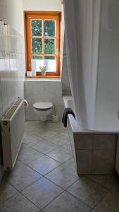 a bathroom with a toilet and a window at Große Landhaus Wohnung 30 Min bis Hamburg in Klein Offenseth-Sparrieshoop +13 photos