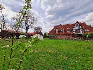 a large house with a green field in front of it at Große Landhaus Wohnung 30 Min bis Hamburg in Klein Offenseth-Sparrieshoop