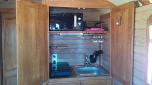 a kitchen with a sink and a microwave at La Nanou'che (roulotte en Camargue) in Le Cailar