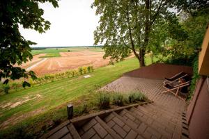 a patio with a bench and a view of a field at Počitniška hiša Car in Dobrovnik