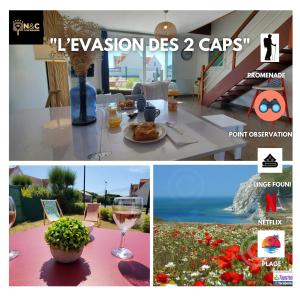 eine Collage aus Bildern eines Tisches mit einem Glas Wein in der Unterkunft Cottage L'évasion des 2 caps-5 personnes- bord de mer in Audinghen